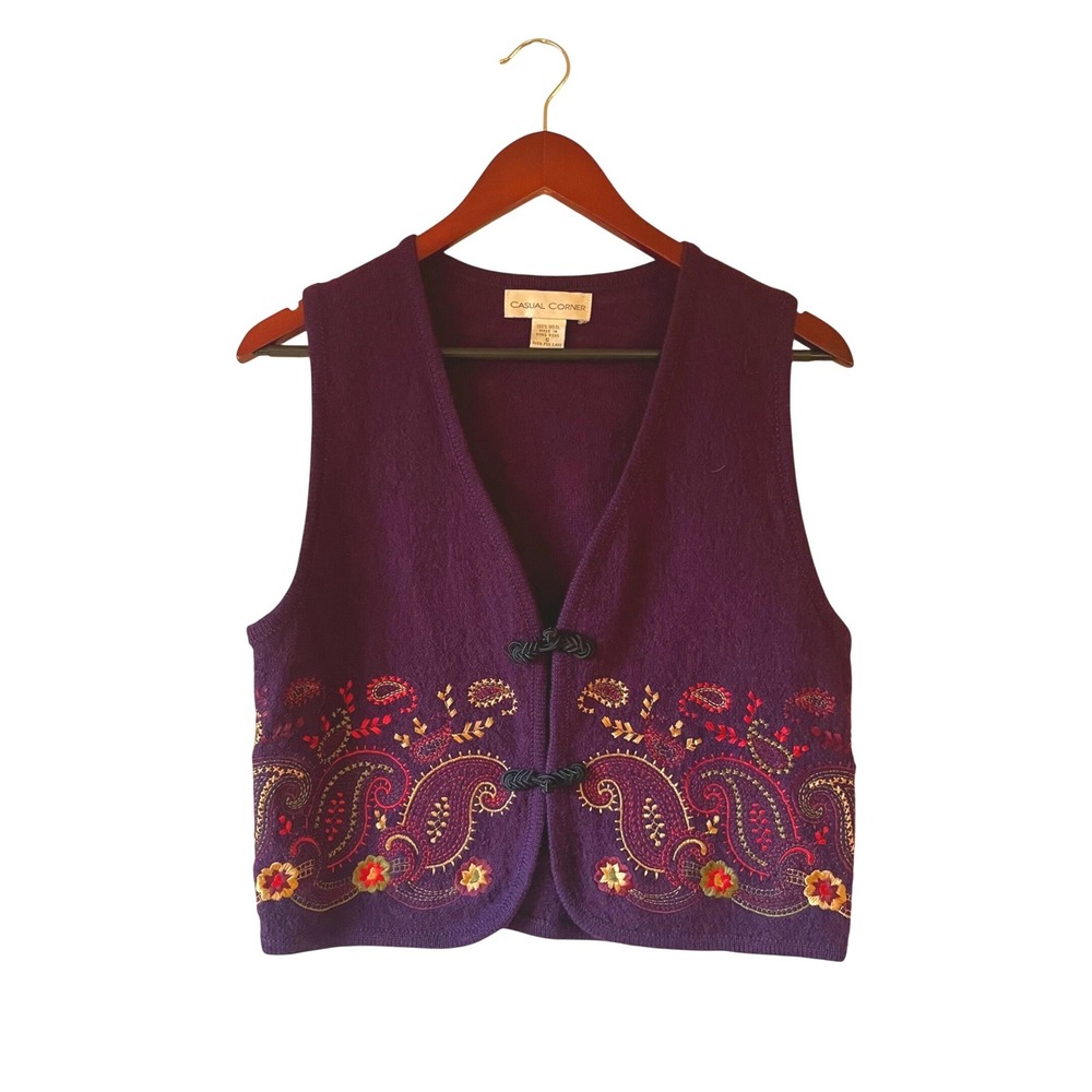 Vintage Womens 100% Purple Paisley Embroidered V Neck Sweater Vest S